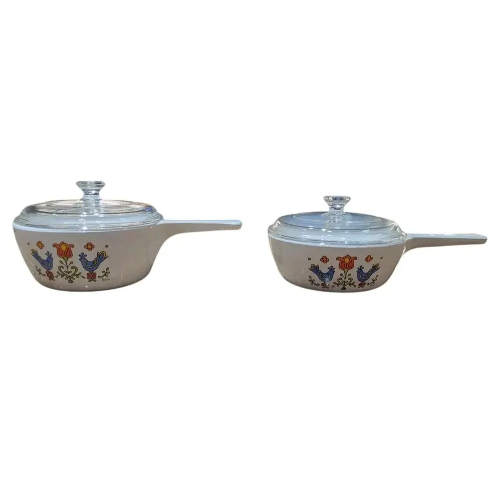 Vintage Corning Ware Country Festival Blue Bird Skillet w/Lids (P-81-B & P-82-B)